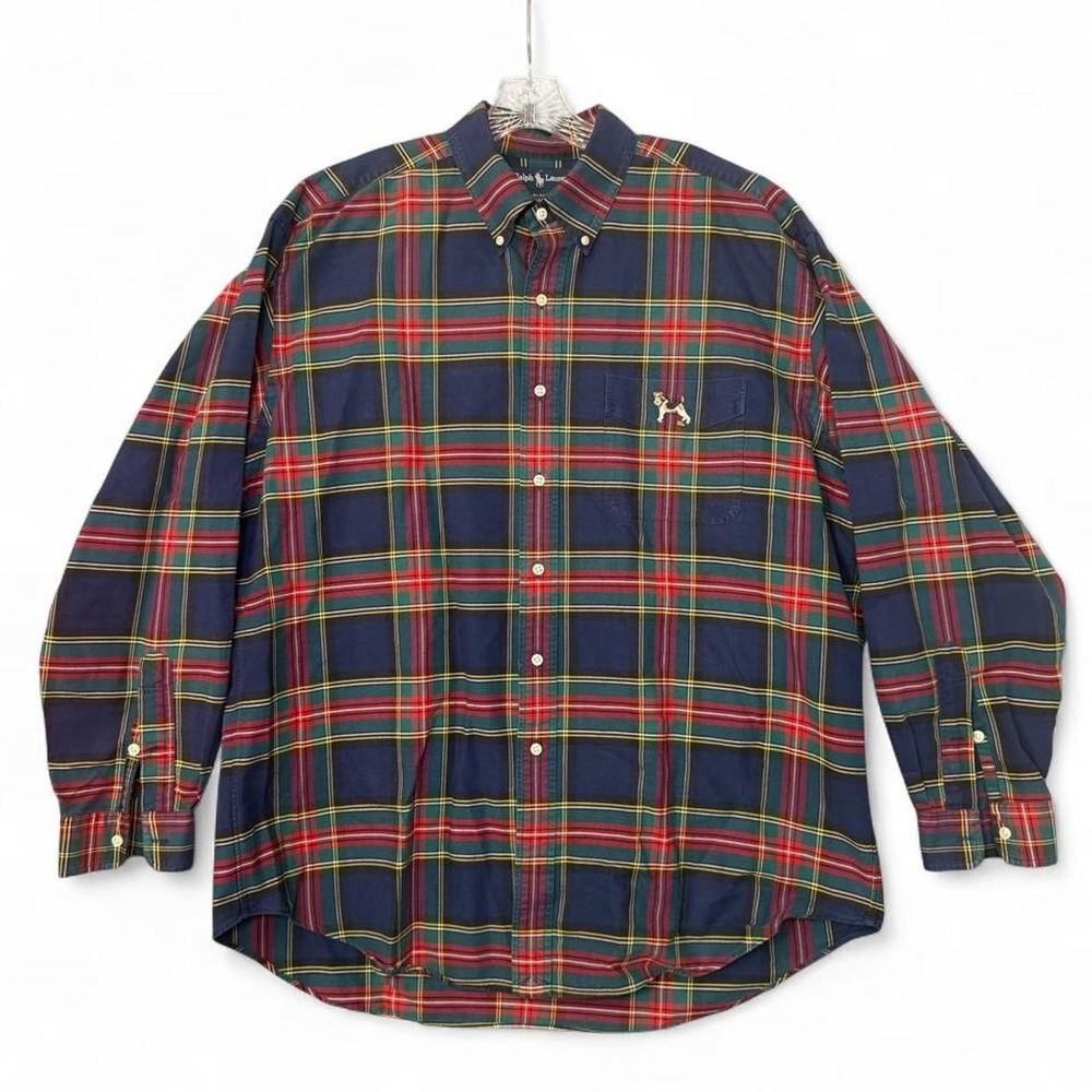Vintage 90s Polo Ralph Lauren Blake Plaid Shirt XL Fox Terrier Dog Embroidered